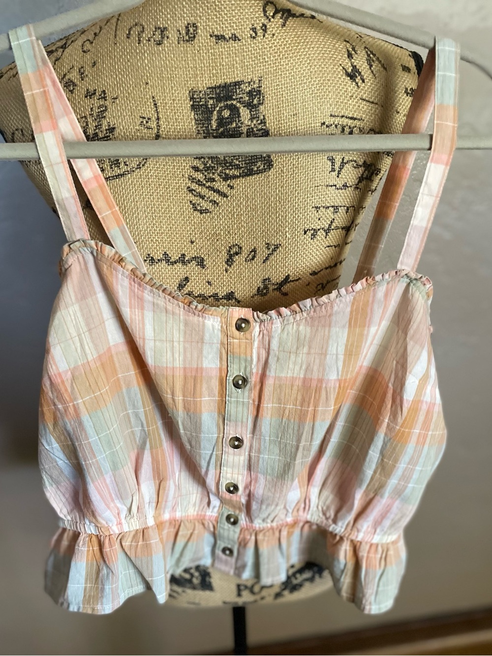Lucky Brand 100% Cotton Peach and green Cream Plaid Crop Tank
